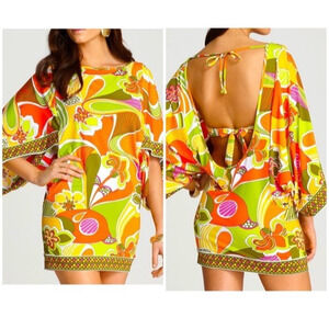 Trina Turk Lavascape Tunic Cover Swim Dress Tangerine Dolman Sleeve Open Back M